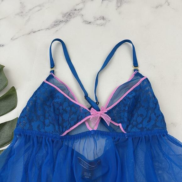 Victorias Secret Babydoll Negligee Top size M Blue Pink Lace Sheer Mesh - Picture 2 of 9
